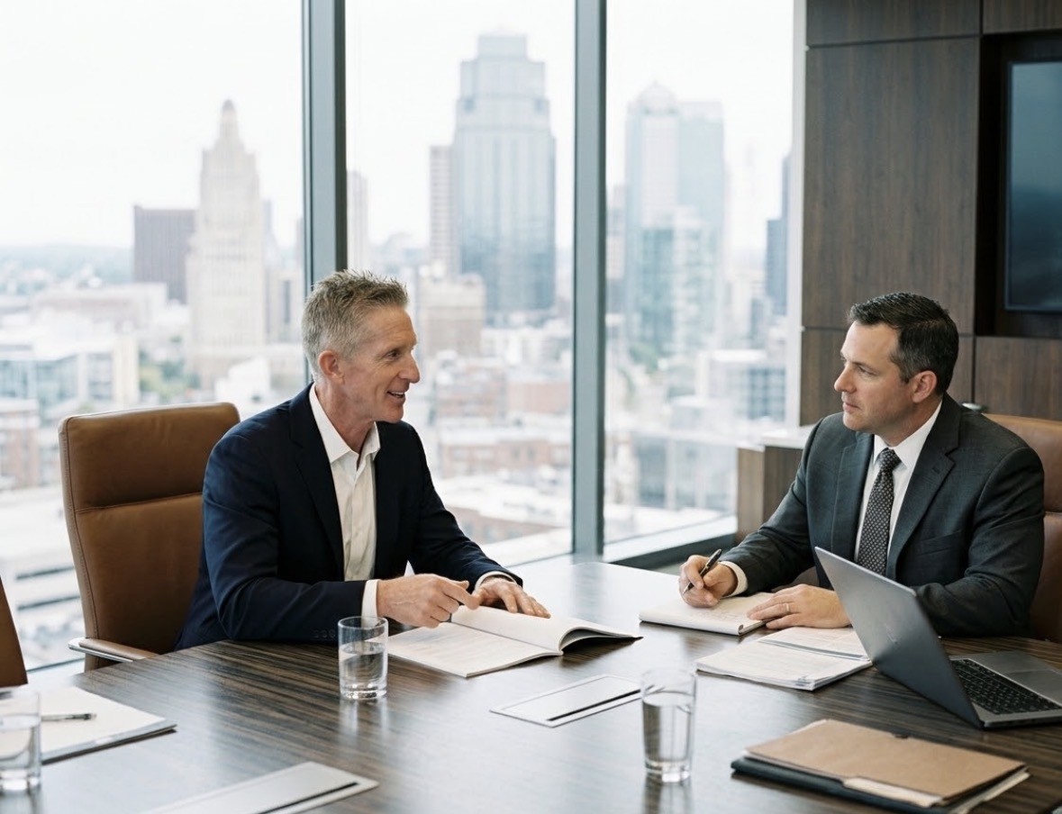 Dr. Flesher consulting with counsel in a conference room